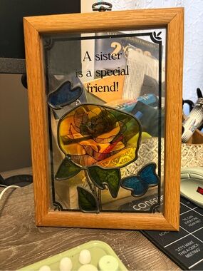 Framed Stained Glass Rose & Butterflies - "A sister is a special friend!"